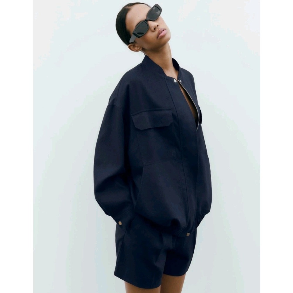Zara Linen Blend Bomber Jacket Navy Blue Women Medium Oversized Minimalist